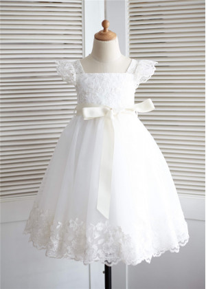 Cap Sleeves Ivory Lace Tulle Cute Flower Girl Dress